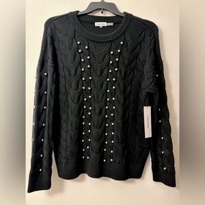 Calvin Klein Women's Metal Stud Cable-Knit Sweater Long Sleeve Black NWT Large